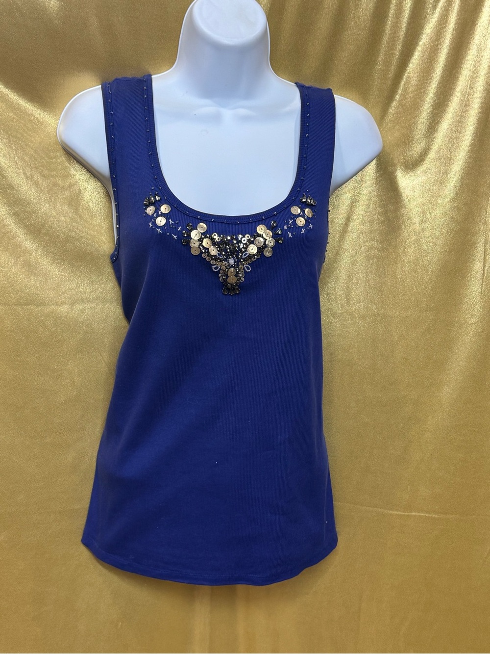 Emma James Purple Ribbed Tank Top Large 100% Cotton Beaded Embellished Neckline
